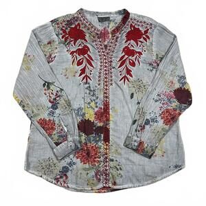Vintage Goa Womens Gray Long Sleeve Floral Embroidered Blouse Top Size Large